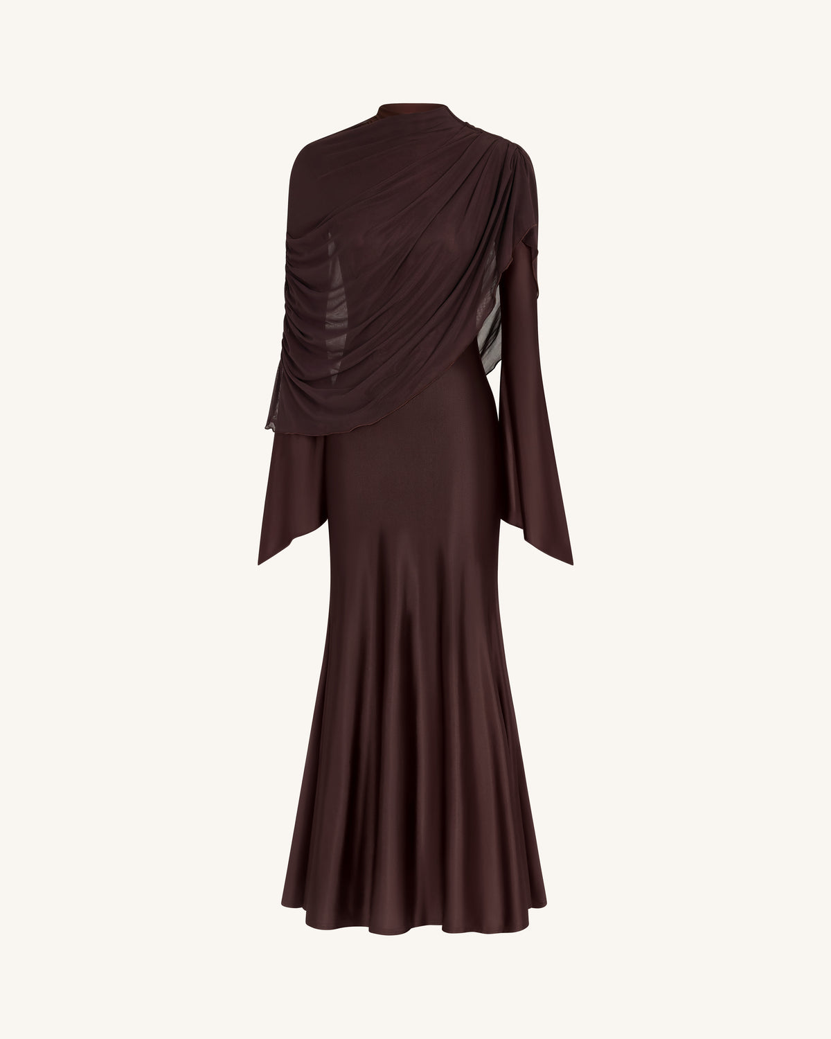 Sheer Shawl Ruched Bodycon Maxi Gown - Brown - view 3