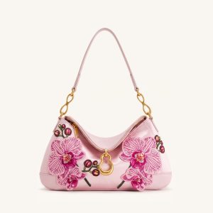 Jayla Metal Pendant Embellished Orchid Embroidered Shoulder Bag - Pink