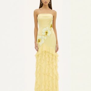 Orchid Embroidered Ruffled Strapless Maxi Dress - Pale Yellow - view 1