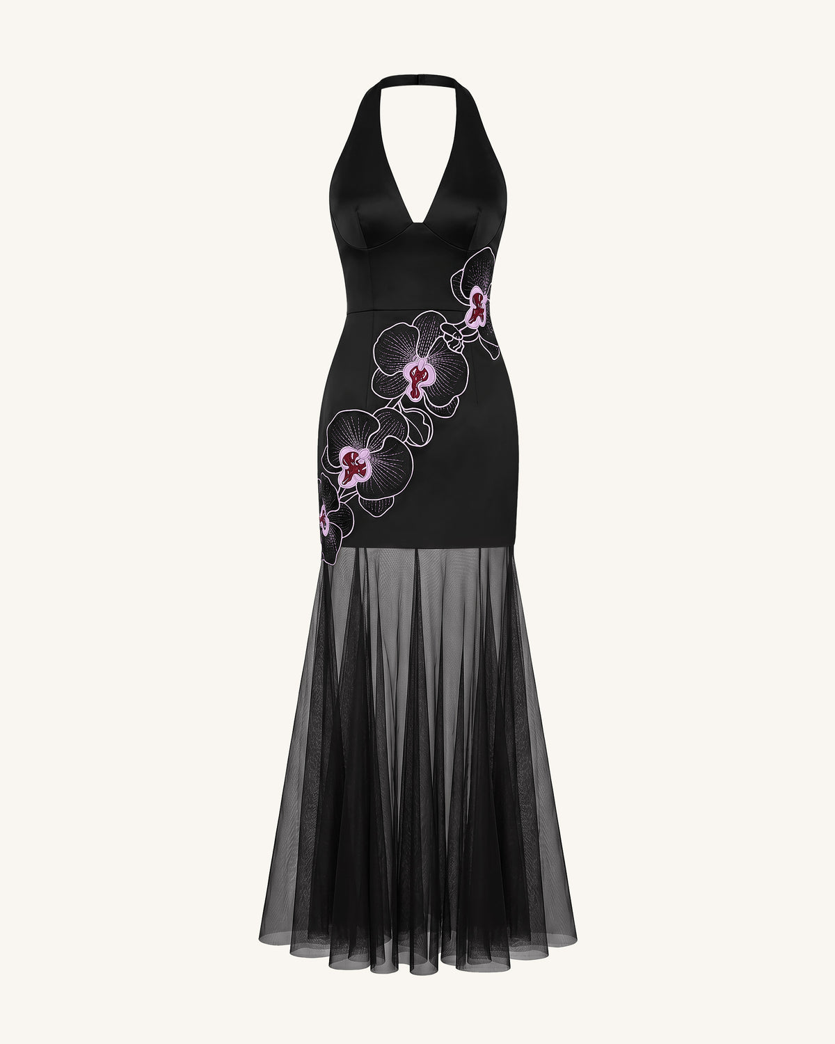 Orchid Embroidered Sheer Hem Halter Maxi Dress- Black Purple - view 3