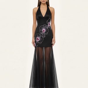 Orchid Embroidered Sheer Hem Halter Maxi Dress- Black Purple - view 1