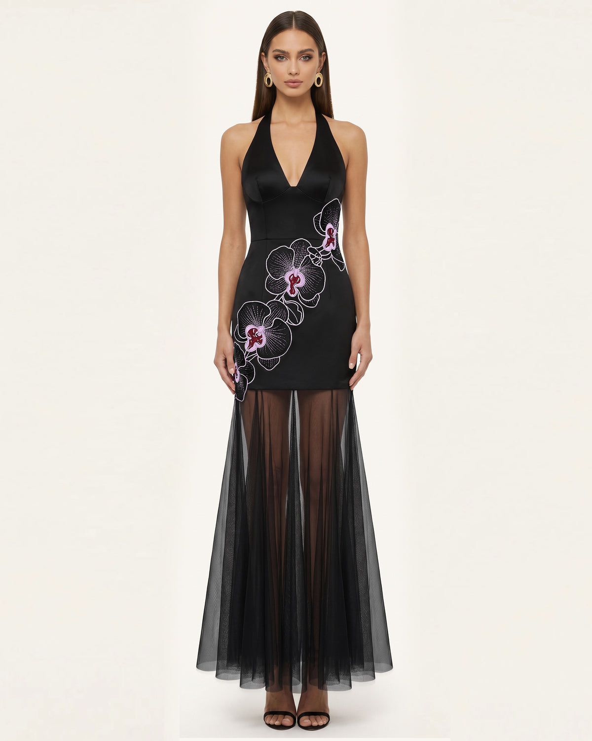 Orchid Embroidered Sheer Hem Halter Maxi Dress- Black Purple - view 1