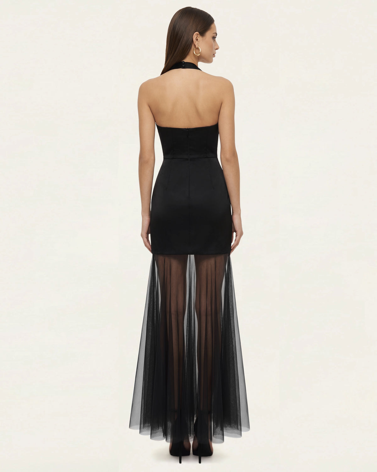 Orchid Embroidered Sheer Hem Halter Maxi Dress- Black Purple - view 2