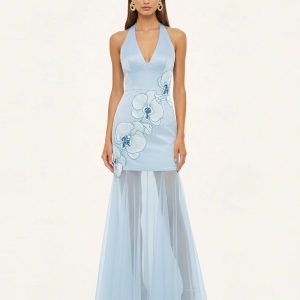 Orchid Embroidered Sheer Hem Halter Maxi Dress - Light Blue - view 1