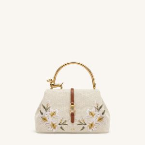 Bruna Dachshund Metal Handle Lily Embroidered Top Handle Bag - Brown Canvas