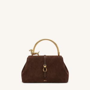 Bruna Faux Suede Dachshund Metal Top Handle Bag - Sandalwood Brown