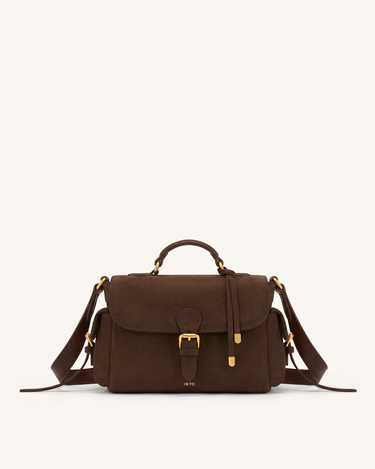 Marina Faux Suede Flap Multi-Pocket Top Handle Crossbody Bag - Dark Brown - view 1