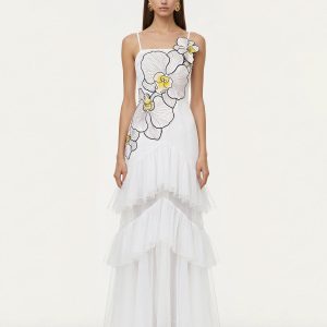 Orchid Embroidered Ruffled Tulle Strapless Maxi Dress - White - view 1