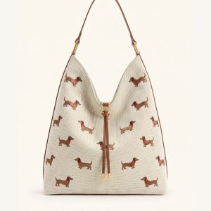 Aria Dog Embroidered Shoulder Bag - Caramel Brown