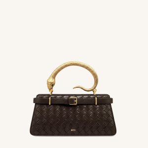 Elena Snake Handle Woven Texture Top Handle Bag - Espresso