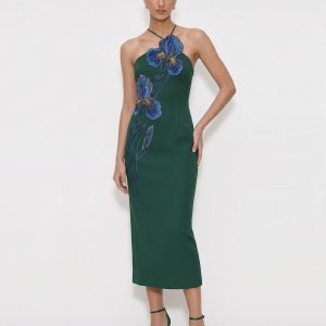 Iris Embroidered Halter Midi Dress - Dark Green