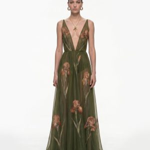 Sheer Floral Print Maxi Dress - Olive