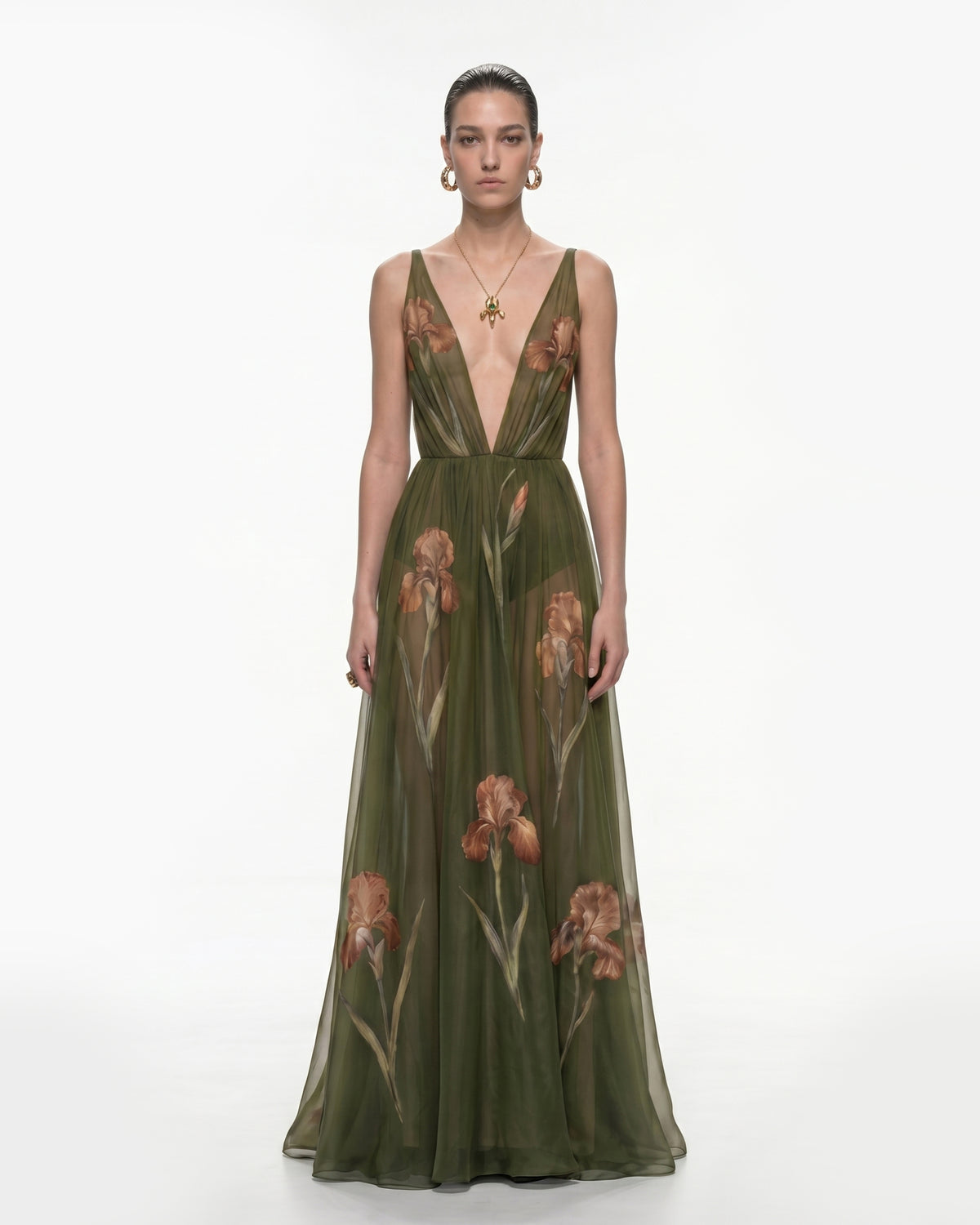 Sheer Floral Print Maxi Dress - Olive