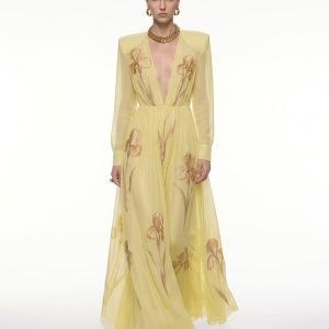 Iris Floral Print Long-Sleeve Sheer Gown - Yellow