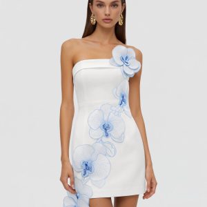 Orchid Embroidered Floral Appliqué Strapless Mini Dress - White Blue - view 1