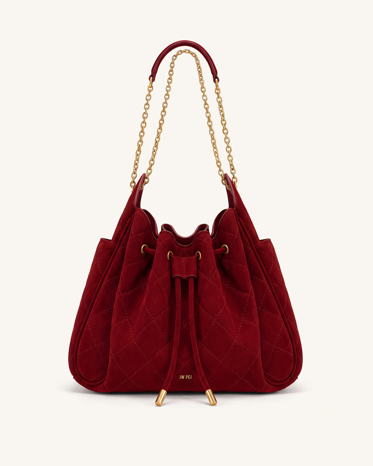 Rowan Faux Suede Quilted Chain Bucket Bag - Dark Red - view 1