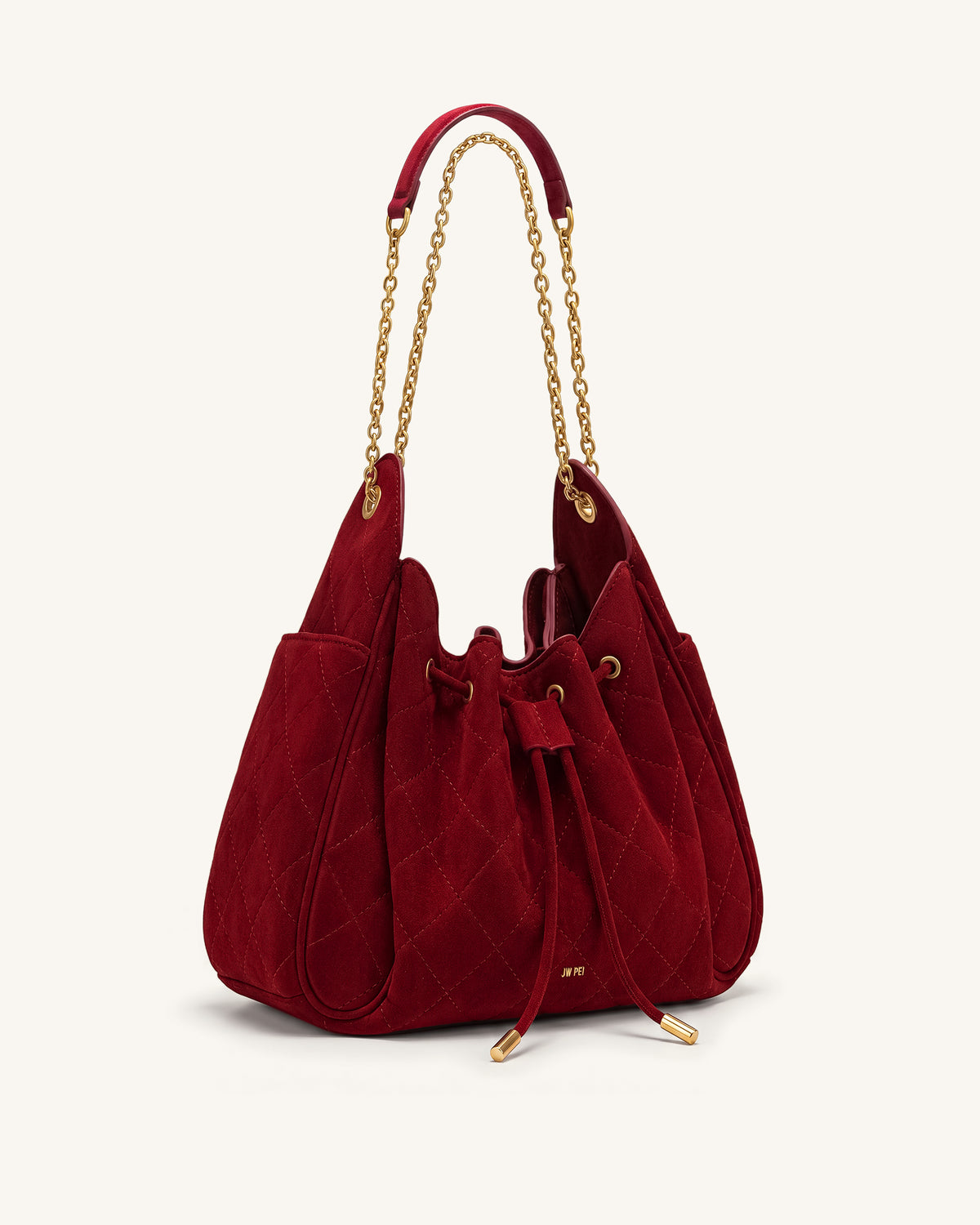 Rowan Faux Suede Quilted Chain Bucket Bag - Dark Red - view 2