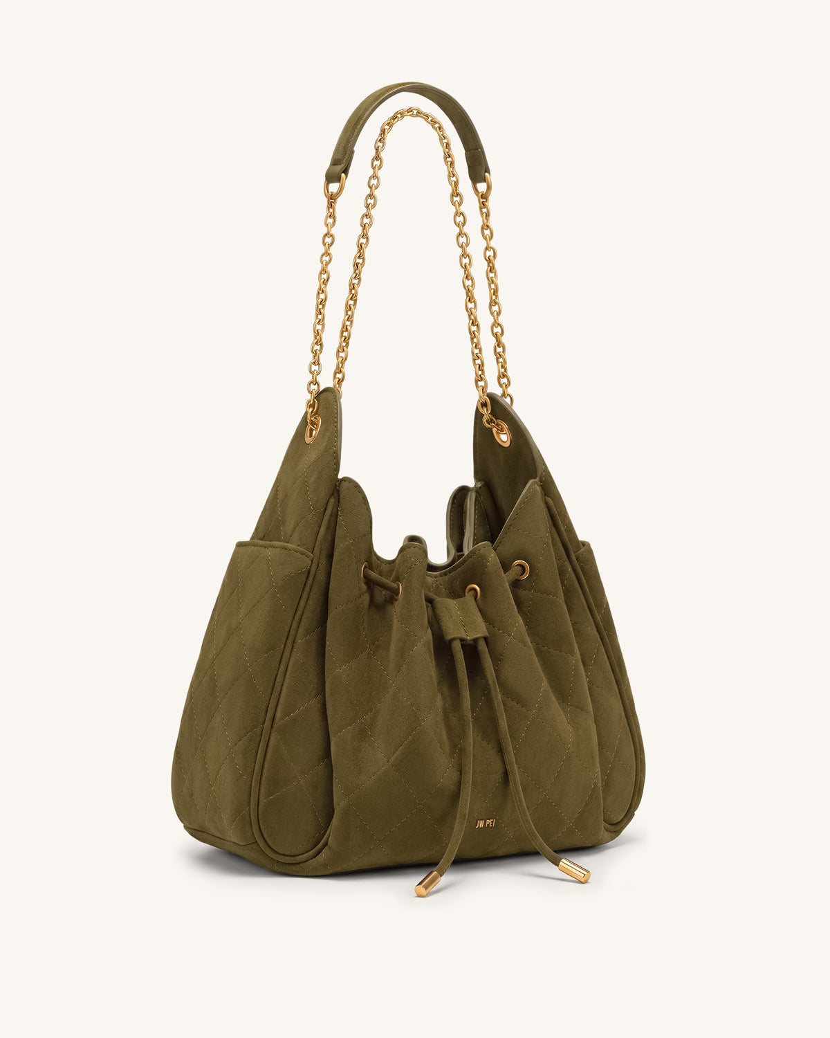 Rowan Faux Suede Quilted Chain Bucket Bag - Olive Green - view 2