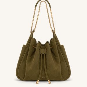 Rowan Faux Suede Quilted Chain Bucket Bag - Olive Green - view 1