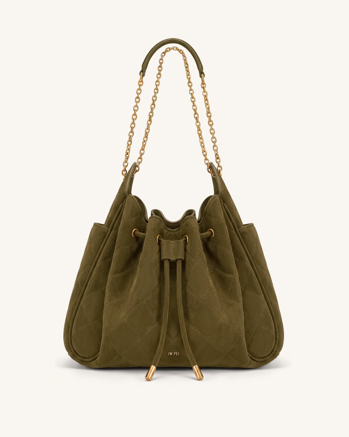 Rowan Faux Suede Quilted Chain Bucket Bag - Olive Green - view 1