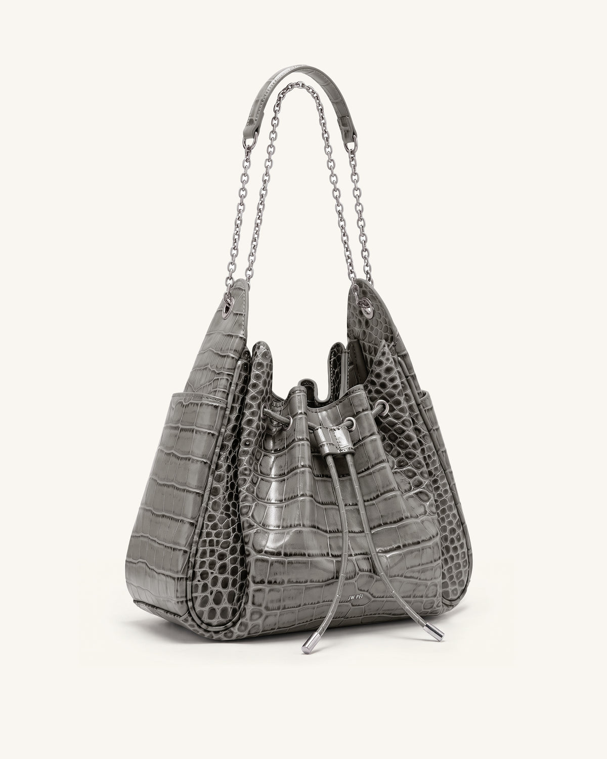 Rowan Ruched Drawstring Chain Bucket Bag - Grey Croc - view 2