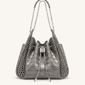 Rowan Ruched Drawstring Chain Bucket Bag - Grey Croc - view 1