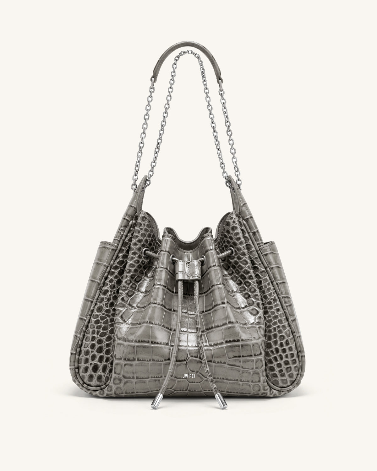 Rowan Ruched Drawstring Chain Bucket Bag - Grey Croc - view 1