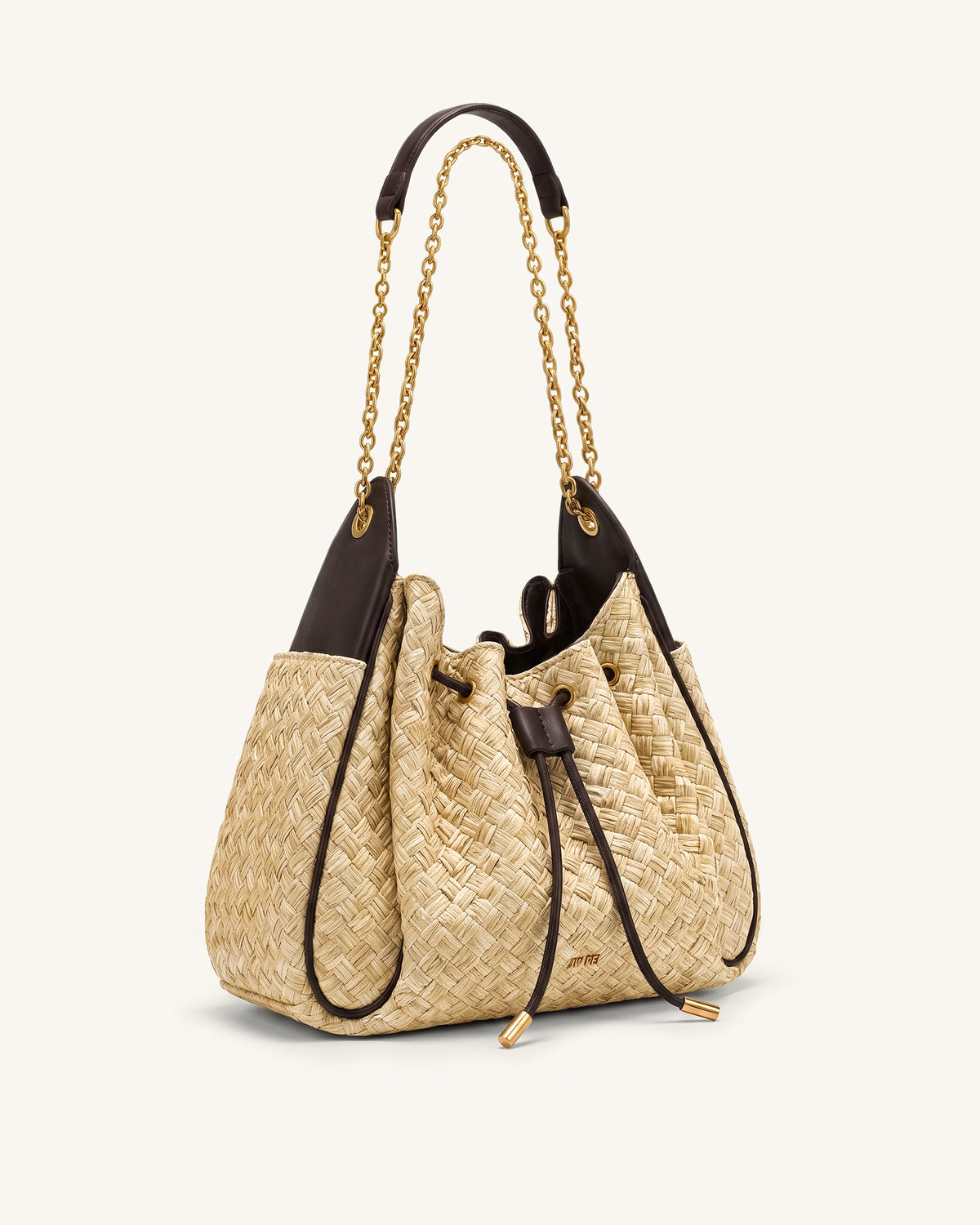 Rowan Faux Straw Ruched Drawstring Chain Bucket Bag - Brown - view 2