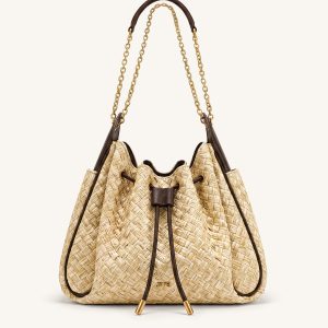 Rowan Faux Straw Ruched Drawstring Chain Bucket Bag - Brown - view 1