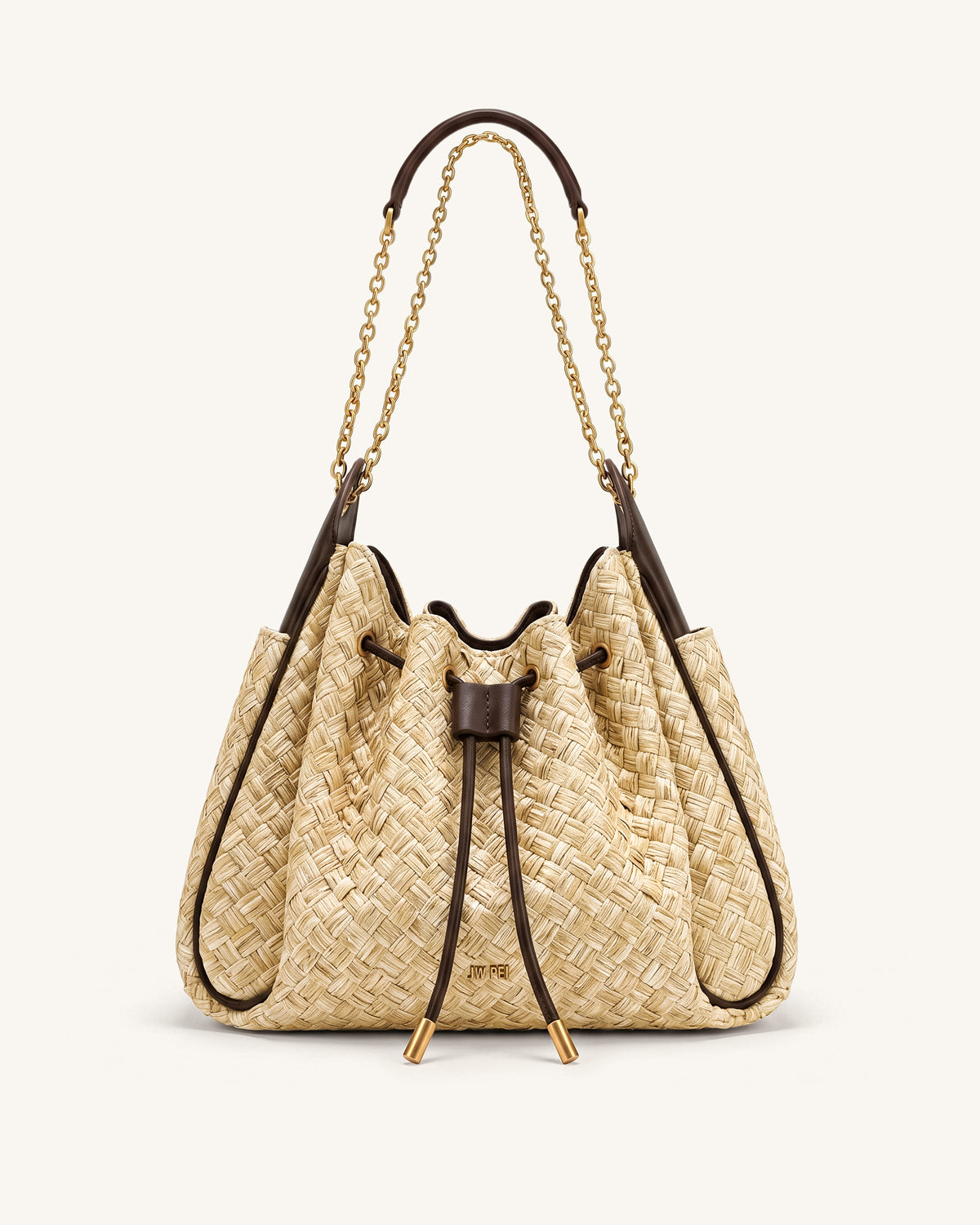 Rowan Faux Straw Ruched Drawstring Chain Bucket Bag - Brown - view 1