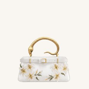 Elena Snake Handle Lily Embroidered Top Handle Bag - White