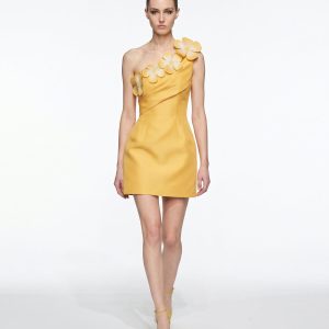 Floral Appliqué One Shoulder Mini Dress - Yellow