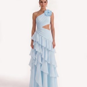One Shoulder Cutout Ruffle Chiffon Maxi Dress - Blue