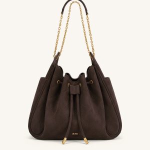 Rowan Faux Suede Quilted Chain Bucket Bag - Dark Brown - view 1