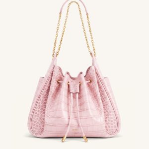 Rowan Ruched Drawstring Chain Bucket Bag - Pink Croc - view 1