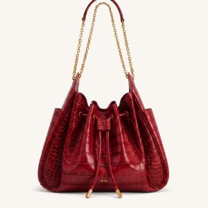 Rowan Ruched Drawstring Chain Bucket Bag - Dark Red Croc - view 1