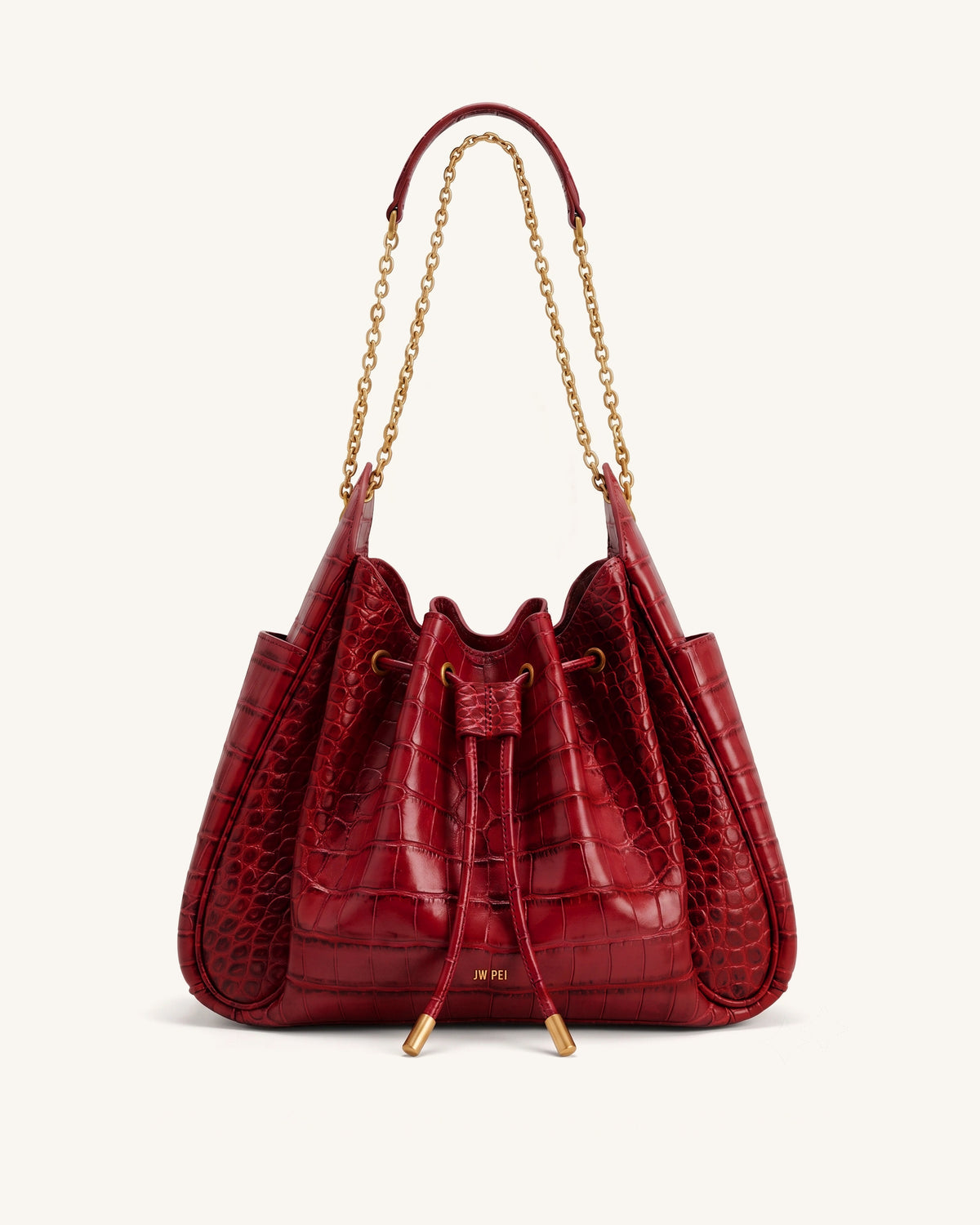 Rowan Ruched Drawstring Chain Bucket Bag - Dark Red Croc - view 1