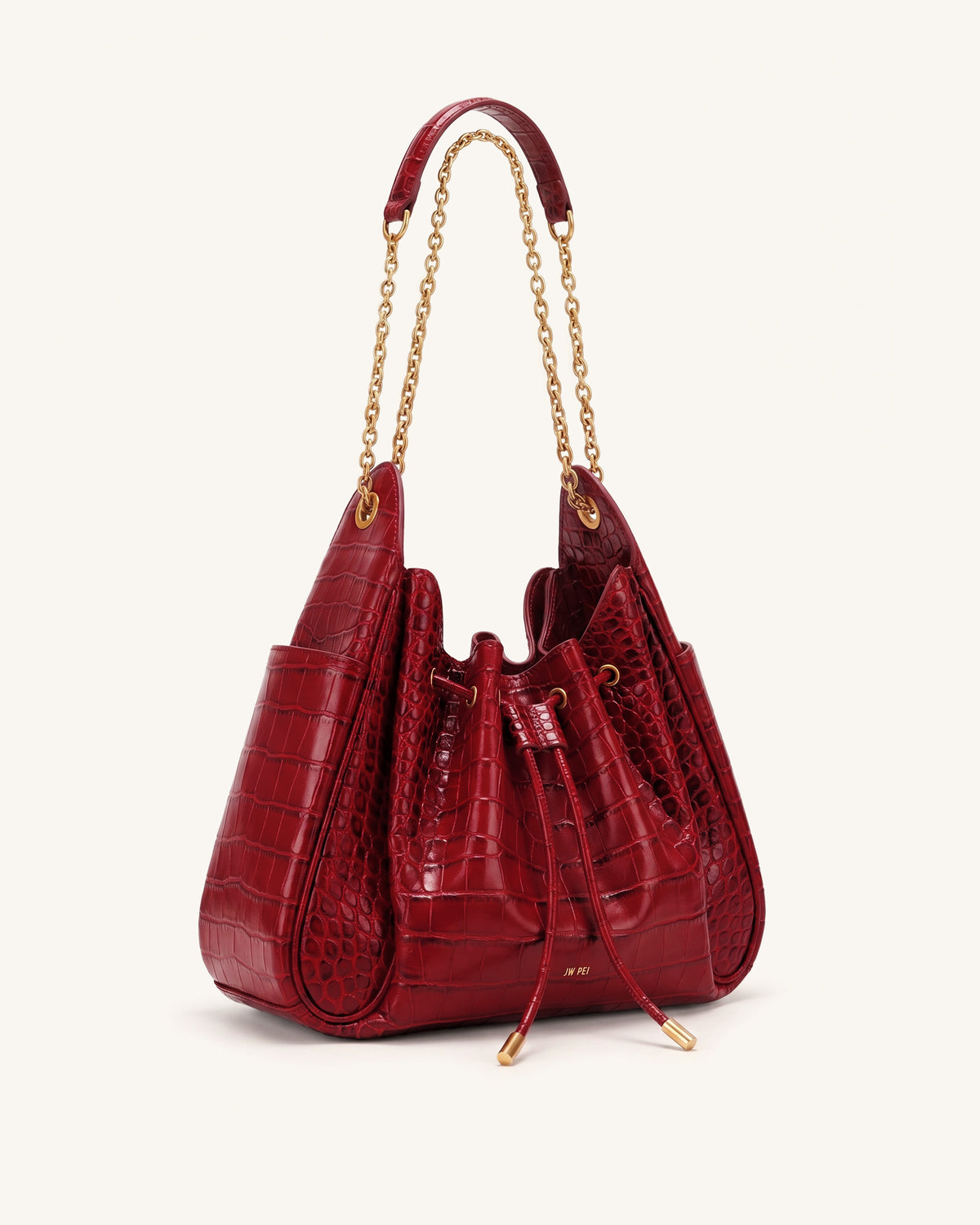 Rowan Ruched Drawstring Chain Bucket Bag - Dark Red Croc - view 2