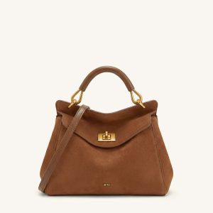 Lucia Classic Faux Suede Top Handle Bag - Dark Red Brown - view 1