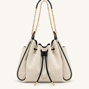 Rowan Ruched Drawstring Chain Bucket Bag - Black Canvas - view 1