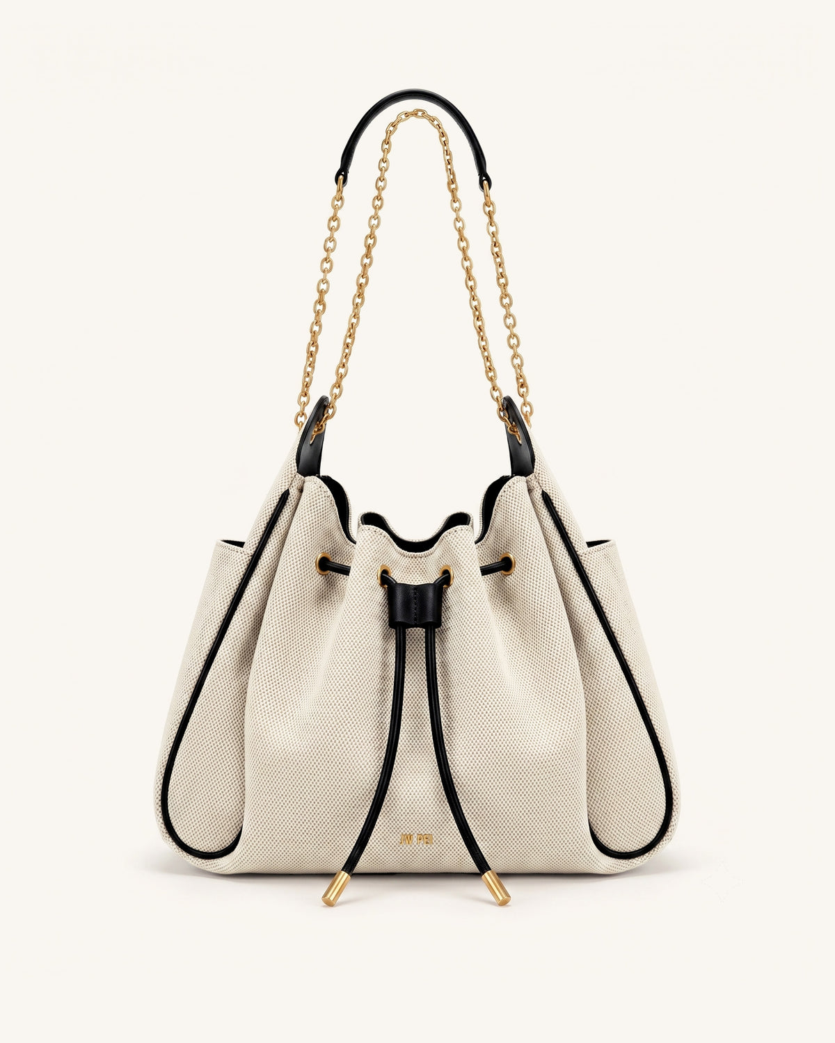 Rowan Ruched Drawstring Chain Bucket Bag - Black Canvas - view 1