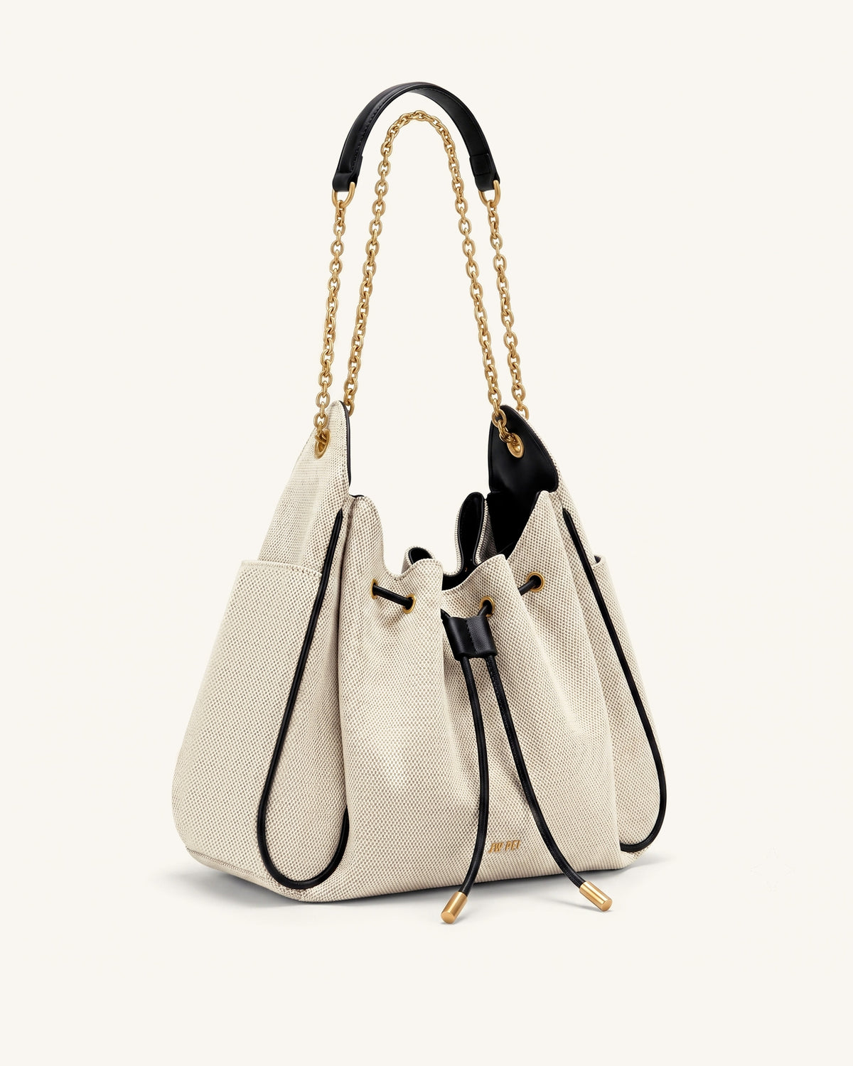 Rowan Ruched Drawstring Chain Bucket Bag - Black Canvas - view 2