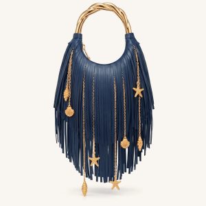 Chloe Metal Handle Fringe Top Handbag - Navy Blue - view 1