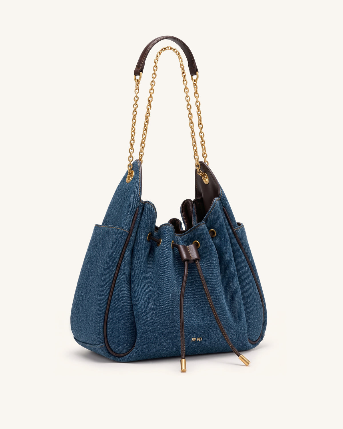 Rowan Ruched Drawstring Chain Bucket Bag - Dark Blue Denim - view 2