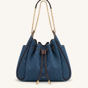 Rowan Ruched Drawstring Chain Bucket Bag - Dark Blue Denim - view 1