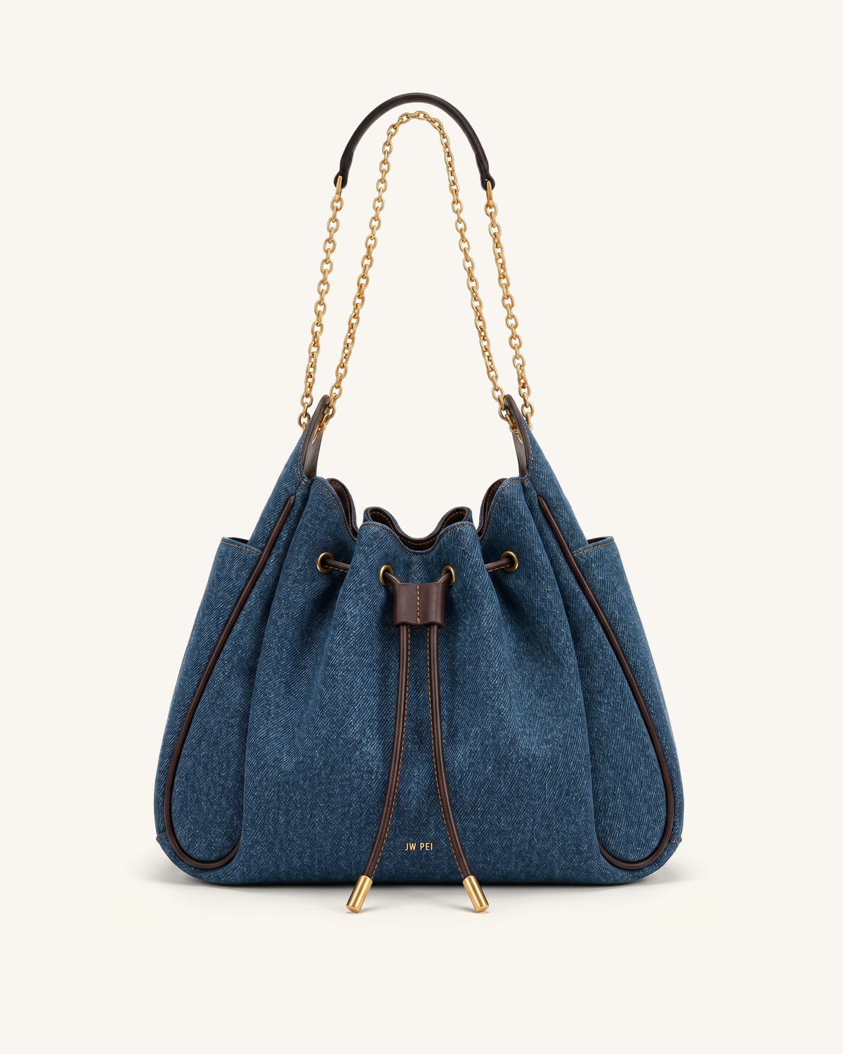 Rowan Ruched Drawstring Chain Bucket Bag - Dark Blue Denim - view 1