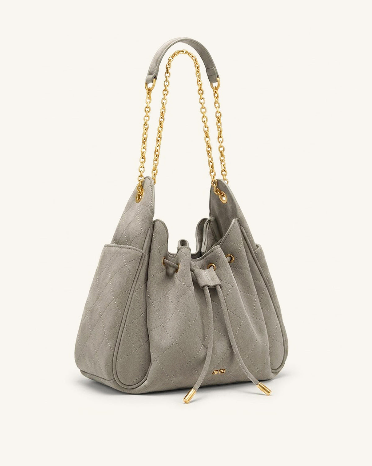 Rowan Faux Suede Quilted Chain Bucket Bag - Gray - view 2