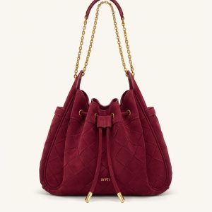 Rowan Faux Suede Weaving Ruched Drawstring Chain Bucket Bag - Dark Cherry - view 1
