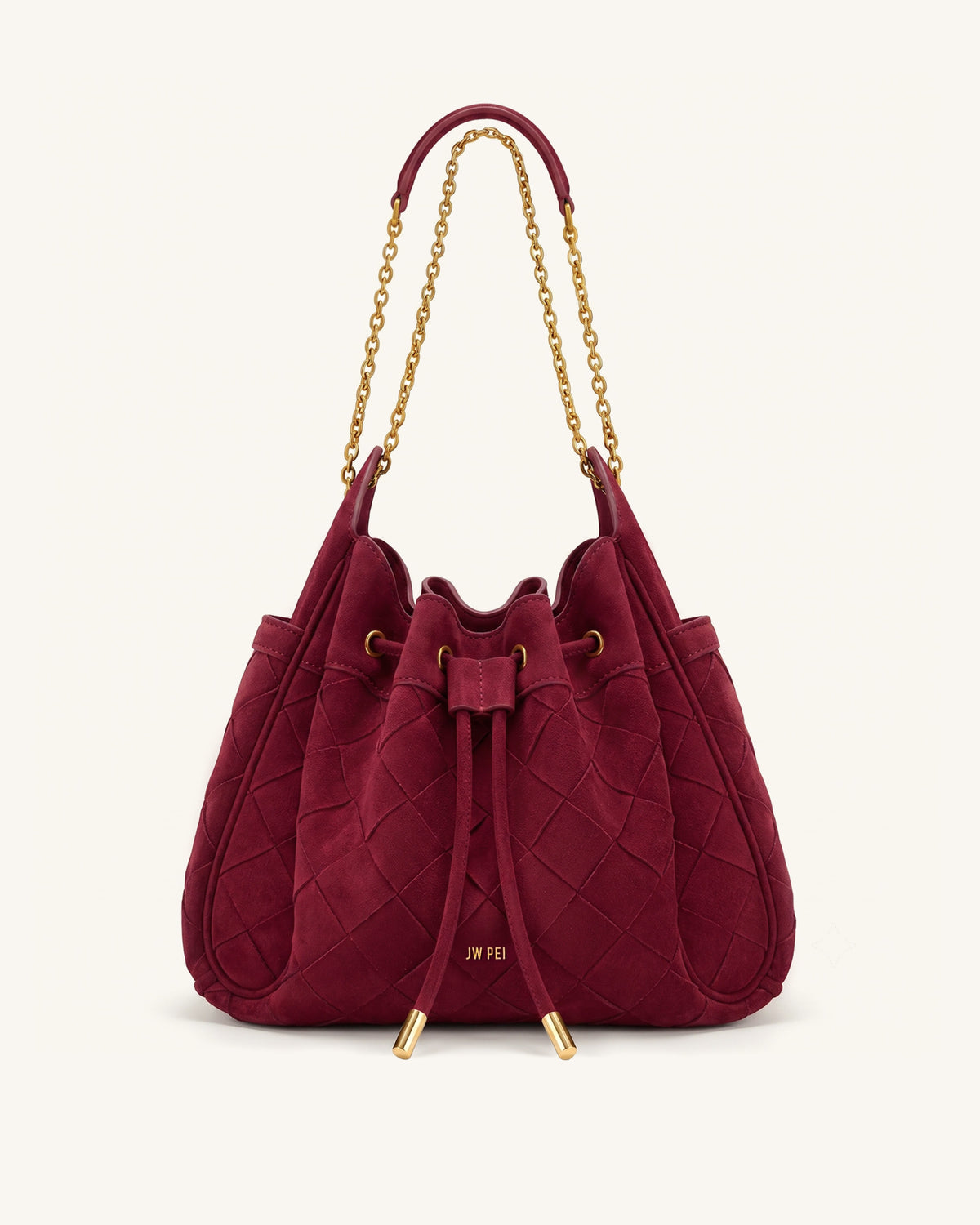 Rowan Faux Suede Weaving Ruched Drawstring Chain Bucket Bag - Dark Cherry - view 1