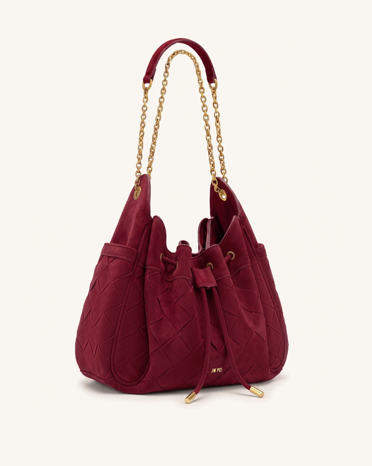 Rowan Faux Suede Weaving Ruched Drawstring Chain Bucket Bag - Dark Cherry - view 2